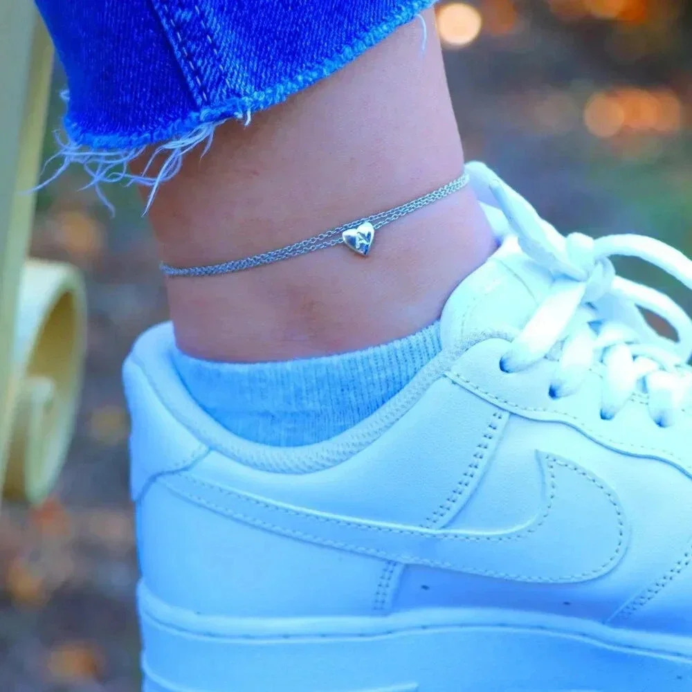 ▶ SILVER INITIAL ANKLET ❤️HEART CHARM PERSONALIZED ALPHABET DAINTY, ELDM22336
